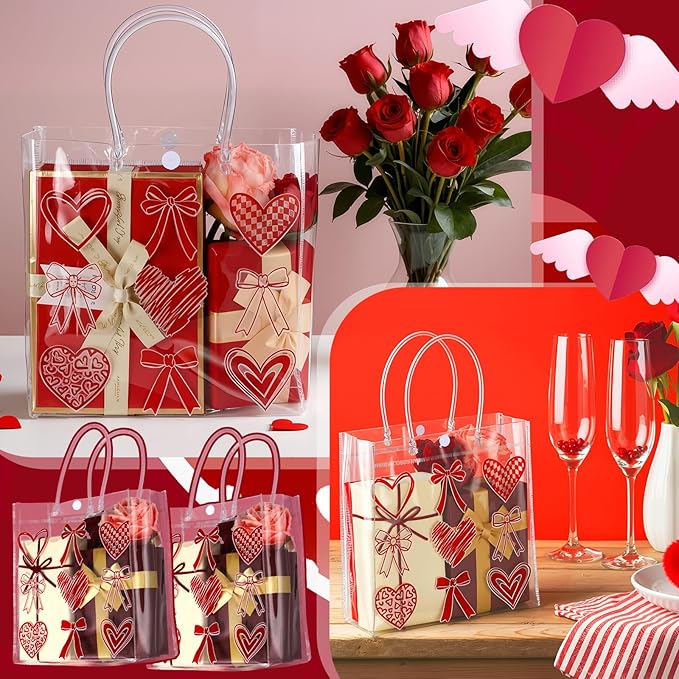 Aliceset 24 Pcs Valentine's Day Gift Bags with Handle Clear PVC Candy Treat Goodies Tote Bags Heart Checkerboard for Valentine's Day Birthday Party Favor Supplies