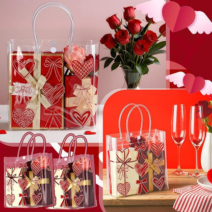 Aliceset 24 Pcs Valentine's Day Gift Bags with Handle Clear PVC Candy Treat Goodies Tote Bags Heart Checkerboard for Valentine's Day Birthday Party Favor Supplies