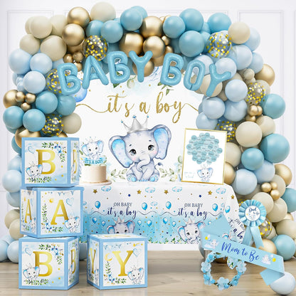Elephant Baby Shower Decorations for Boy, Blue Elephant Baby Shower Party Supplies, It's a Boy Backdrop Tablecloth Elephant Balloon Arch BABY Box Mom to Be Sash Dad to Be Pin