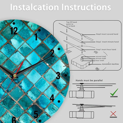 SPUNKER Clocks for Living Room,Turquoise Geometric Kitchen Wall Clock,Teal Mosaic Clocks 10 Inch Silent Non-Ticking Wall Battery Operated for Living Room Bedroom Bathroom Laundry Room Decor