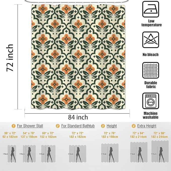 Vintage Boho Floral Shower Curtain，Mid Century Modern Abstract Orange Green Bathroom Curtain，Polyester Fabric Waterproof Bath Curtains 72x84 Inch with 12 Hooks