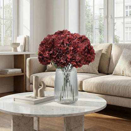 2Bouquets Artificial Fake Flowers Plants Silk Hydrangea Arrangements Wedding Bouquets Decorations Plastic Floral Home Kitchen Garden Party Festival Bar DIY (Dark Red,5 Flower Heads)