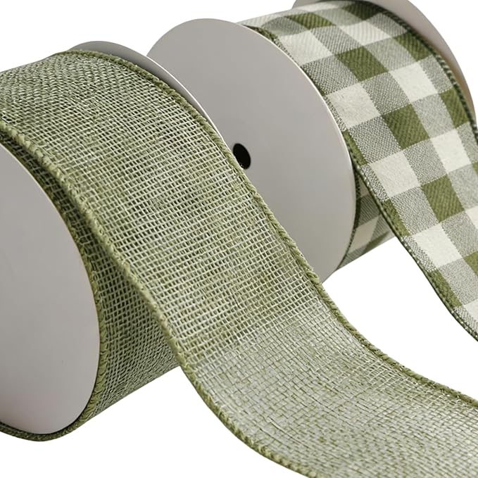 Meseey 2.5 Inch Green Burlap Wired Ribbon Set, 2 Rolls Total 10 Yards Solid Sage Green & Green White Buffalo Check Wired Edge Ribbons for Gift Wrapping, Wreaths, Crafts, Farmhouse Home Decorations