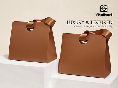 Vitalizart Paper Gift Bags With Ribbon Handles Set of 10 Brown Bulk Reusable For Gift Wrap Girls Kids Birthday Bridal Shower Party Favors Goodie Bags Candy Toys Christmas 7.87"x3.54"x7.09" Small Size