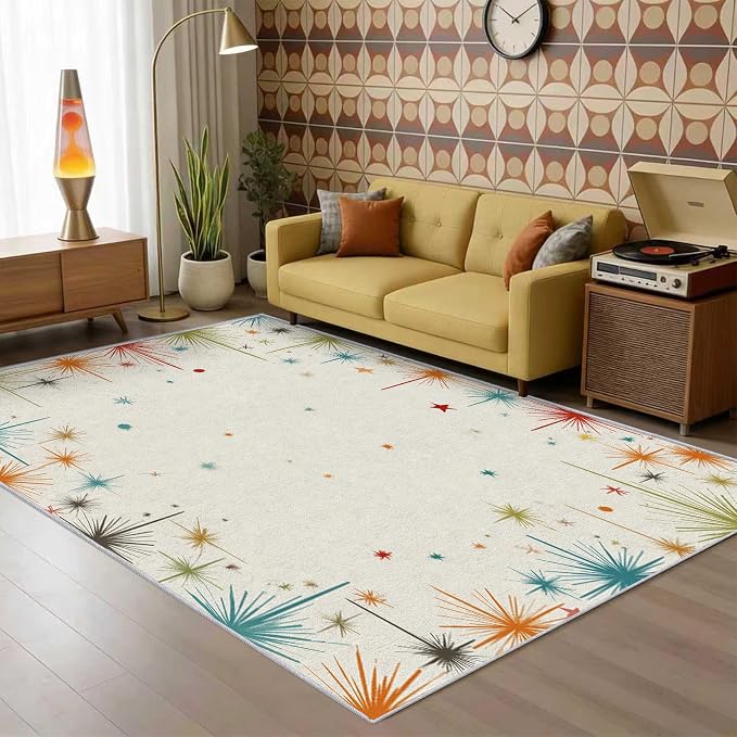 Mid Century Modern Rug Square 8x8 50s 60s Retro Starburst Pattern Area Rugs for Living Room, Bedroom, Mid Century Modern Home Decor Accessories Indoor Carpet, Non Slip & Machine Washable