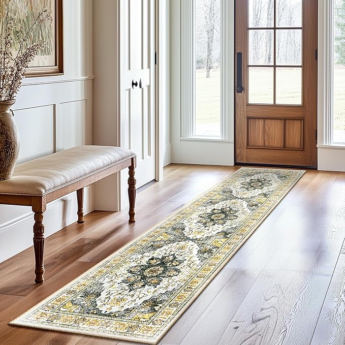 BESTSWEETIE 2x8 Area Rug Washable Rugs for Living Room, No Pile Boho Carpet for Entryway Bedroom Dinning Room, Vintage Carpet Print Distressed Non-Slip, 2 x 8 ft, Grey Brown