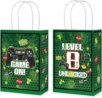 Grencian 16Pcs Video Game 8th Birthday Party Favor Bags Green Gamer 8th Birthday Candy Treat Gift Goodie Bags with Handles Gaming Level 8 Decorations for Boys Kids 8 Years Old Party Favors