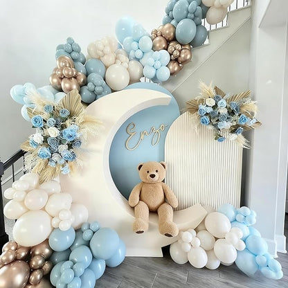 HILAVO Dusty Blue and Gold Balloons, 60 PCS 12 Inch Slate Fog Pastel Baby Blue Sand White and Gold Balloons for Baby Boy Shower Bridal Shower Birthday Wedding Party Decorations