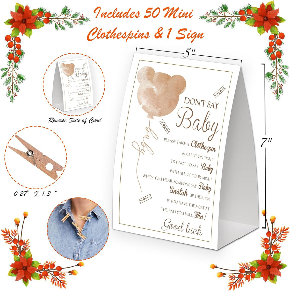 Bear Baby Shower Decorations - Gender Neutral & Fall Themed, Includes Don't Say Baby Game & Small Clothespin Game for 50 Guests