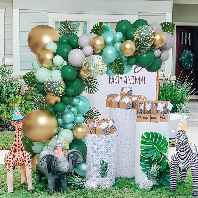Amandir 151Pcs Jungle Safari Balloon Garland Kit, Metallic Green Gold Tropical Balloons Arch Artificial Palm Leaves for Animal Dinosaur Two Wild One Birthday Decoration