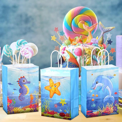 Outus 24 Pcs Under the Sea Party Favor Bags Goodie Ocean Gift Paper Bags with Handles Sea Animal Candy Treat Pouch for Summer Ocean Birthday Party Decorations Baby Shower Supplies