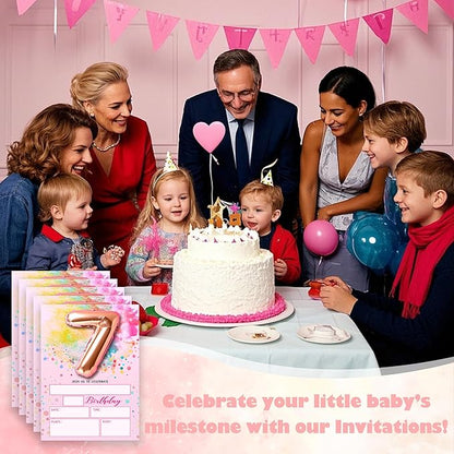 Rose Pink Balloon Birthday Invitations, 7th Surprise Birthday Party Invitations Cards with Envelopes, Confetti Polka Dot Fill-in Invites, 7th Pink Birthday Decorations for Girls -03