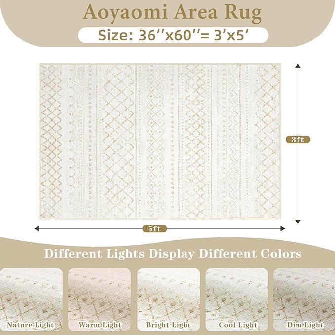 Area Rug 3x5 Geometric Rug: Washable Boho Moroccan Rugs Soft Farmhouse Rug, Modern Neutral Stain Resistant Indoor Floor Carpet for Livingroom Bedroom Dining Table Nursery(Beige,3X5)