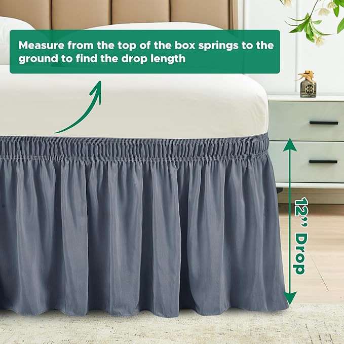 Biscaynebay Wrap Around Bed Skirts for Queen Beds Short Drop of 12", Dark Grey Adjustable Elastic Dust Ruffles Easy Fit Wrinkle Resistant Silky Luxurious Fabric Machine Washable