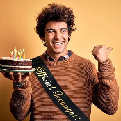 Gold Foil 'Official Teenager' Black Birthday Sash for Boy, 13th Birthday Sash for Bday Party Decorations Gifts Favors