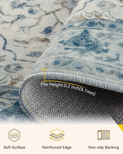 RELEANY Area Rugs Square 6ft Washable Non-Slip, Floral Vintage Distress Print Pattern Medallion Carpet for Living Room Bedroom Dining Room, Light Blue Navy Beige Gray White