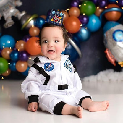 Outer Space 1/2 Birthday Crown - Planet Half Way to One Birthday Decorations,Dark Blue Glitter Space Party Crown,Little Astronaut 6 Month Party Photo Props,Rocket Cake Smash Headwear