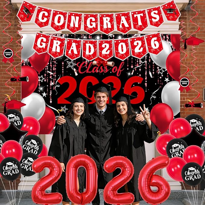 Red and Black Graduation Decorations 2026, Graduation Party Decorations Class of 2026 Backdrop, Congrats Grad Banner Red and Black Streamers Balloons Foil 2026 Balloons College High School Master Phd