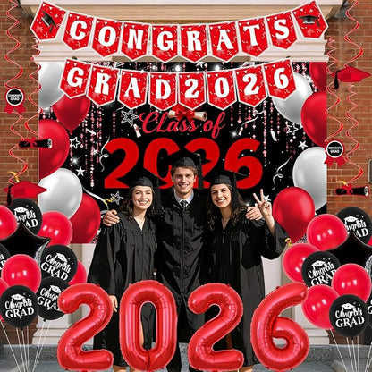 Red and Black Graduation Decorations 2026, Graduation Party Decorations Class of 2026 Backdrop, Congrats Grad Banner Red and Black Streamers Balloons Foil 2026 Balloons College High School Master Phd