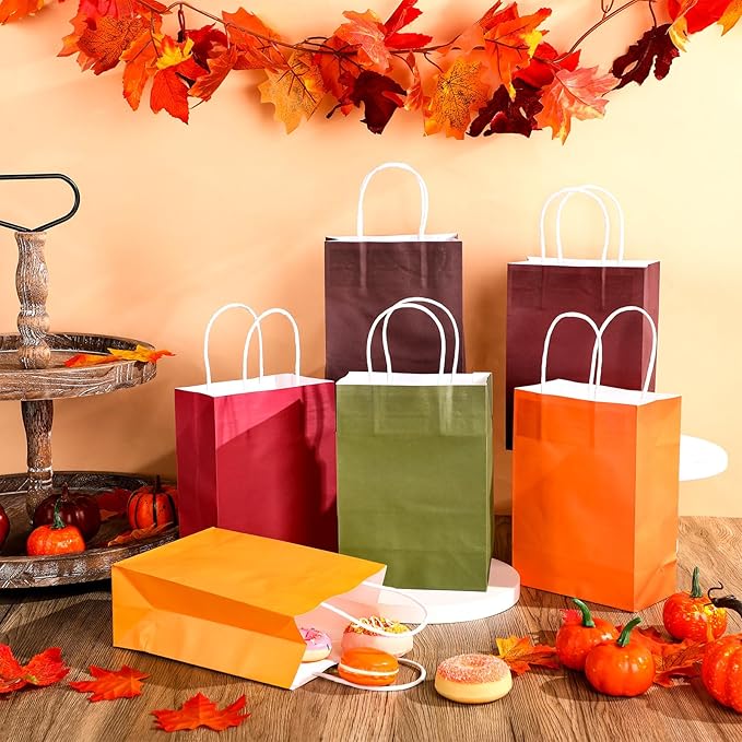 Humyoun 24 Pcs Thanksgiving Fall Paper Gift Bags with Handles, Orange Goodies Treat Candy Bags for Holiday Party Favor Gift Wrapping Autumn Wedding Birthday Party Favors