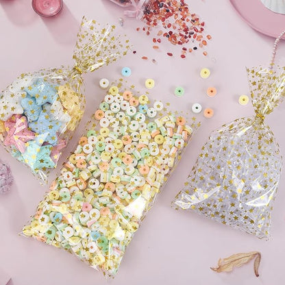 100 Pcs 7 x 12 Inch Clear Cellophane Treat Bags with 100 Gold Twist Ties, Gold Star Printed Heat Sealable Candy Bags for Cookies, Chocolate, Bakery, Party Favors, Gift Wrapping
