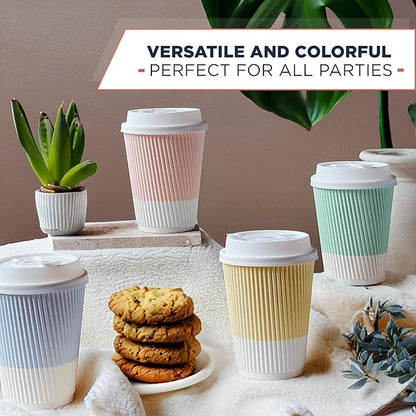 Disposable Coffee Cups With Lids - 12 oz To Go Coffee Cup With Lid (80 Set). Durable Togo Travel Paper Hot Cups Insulated For Hot and Cold Beverage Drinks, No Sleeves Needed (Assorted)