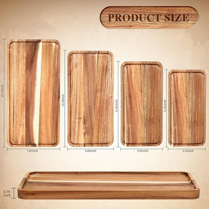 Leinuosen 4 Set Acacia Wooden Serving Platter Solid Wood Serving Trays Rectangular Charcuterie Boards Steak Wooden Plates for Entertaining Party Display Cheese Appetizer (10x5/12x6/14x7/16x8 in)