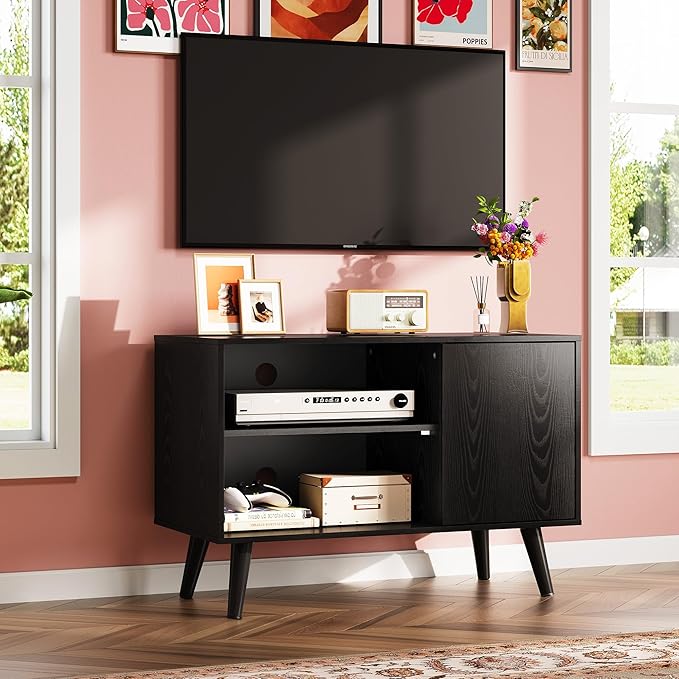 WLIVE TV Stand for 40 Inch TVs, Small Entertainment Center with Storage Cabinet, Mid-Century Modern TV Stands for Living Room and Bedroom, 32" TV Console, Black