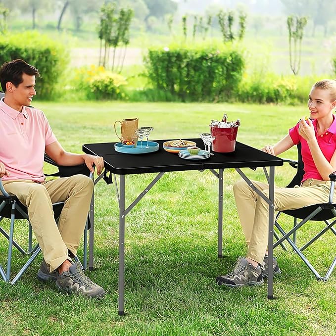 34" Square Folding Table, Portable Plastic Table No Assembly Needed, Fold-in-Half Design with Handle for Indoor Outdoor, Camping, Events, Banquets - Black