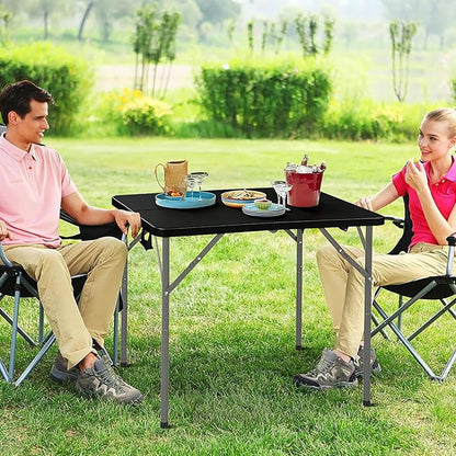 34" Square Folding Table, Portable Plastic Table No Assembly Needed, Fold-in-Half Design with Handle for Indoor Outdoor, Camping, Events, Banquets - Black