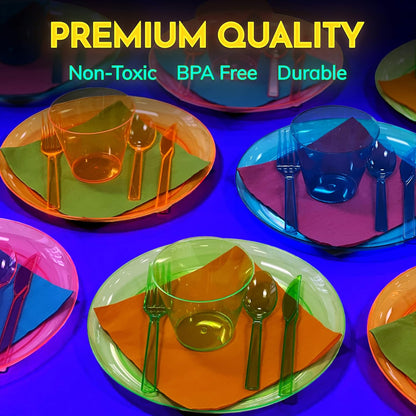 Kedudes Neon Glow Party Supplies, Serves 32 - Hard Plastic Disposable Party Neon Plates, Napkins, Neon Cups Tumblers, Cutlery - Forks, Knives, Spoons - Neon Party Decorations - Fiesta Party Supplies
