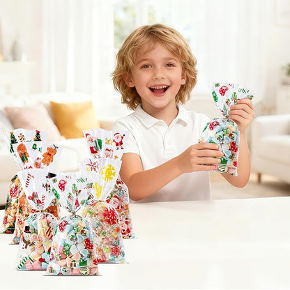 Aegero 120 Pcs Christmas Cellophane Treat Bags, Xmas Gift Candy Goodies Bags with 140 Pcs Twists for Xmas Party Favor Supplies,Kids Party Favors,Snacks Cookies Packing(10.63 x 5.12 inches,Christmas01)