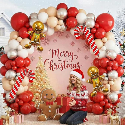 140PCS Christmas Balloon Arch Garland Kit with Red Nude White Silver Cane Gingerbread Man Balloons for Xmas Party Backdrop, Holiday Birthday Decorations, Winter or Snow Theme Baby Shower