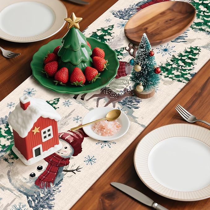 Artscope Reindeer Snowman Christmas Tree Table Runner, Xmas Winter Snowflakes Holiday Kitchen Dining Table Decoration for Christmas Home Party Decor 13x36 Inch-Beige
