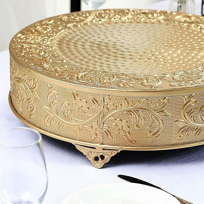 Efavormart 18" Gold Round Embossed Metal Cake Plateau Stand, Wedding Dessert Table Display Riser
