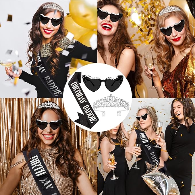 KICOSY 3PCS Birthday Baddie Sash, Crystal Crown and Sunglasses Funny Baddie Outfits Birthday Party Accessories