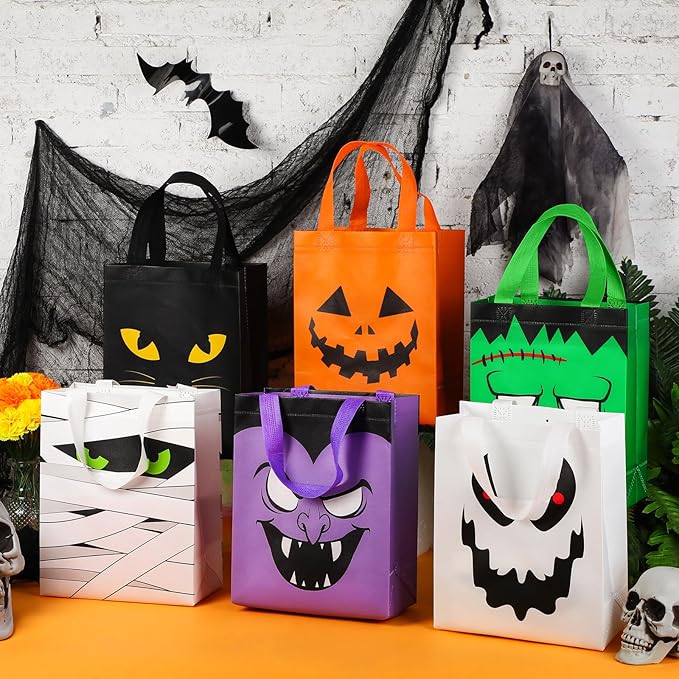 Locmeo 24 Pcs Large Halloween Candy Bags Reusable Non Woven Halloween Favor Bags Cat Ghost Vampire Zombie Pumpkin Tote Bag with Handles Bulk for Kids Birthday Party