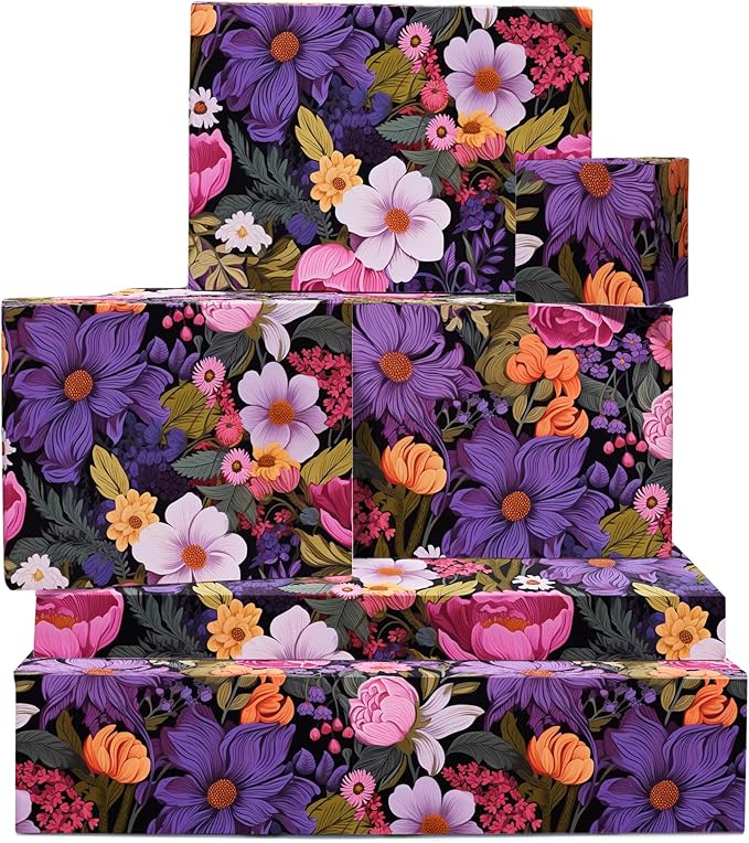 CENTRAL 23 Floral Wrapping Paper For Women - 6 Sheets Of Birthday Gift Wrap - Pink Purple White Yellow Flowers - Spring - Bridal Shower - Comes With Stickers