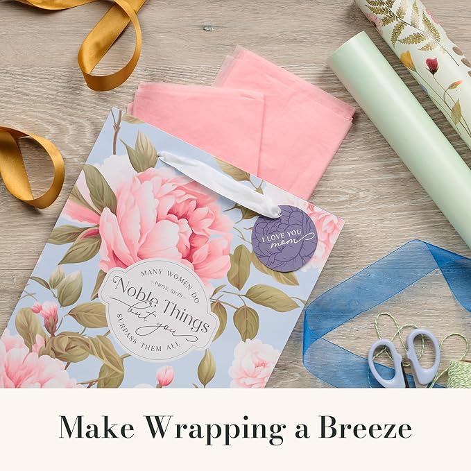 Christian Art Gifts Large Portrait Inspirational Scripture Gift Bag, Tag & Wrapping Tissue Paper Set for Moms: Noble Things Encouraging Bible Verse, Cute Sturdy Satin Ribbon Handles, Blue/Pink Floral