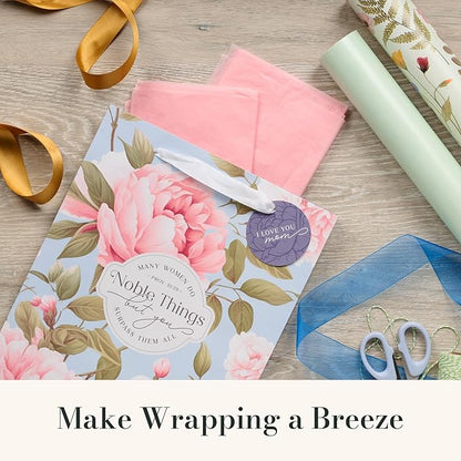 Christian Art Gifts Large Portrait Inspirational Scripture Gift Bag, Tag & Wrapping Tissue Paper Set for Moms: Noble Things Encouraging Bible Verse, Cute Sturdy Satin Ribbon Handles, Blue/Pink Floral