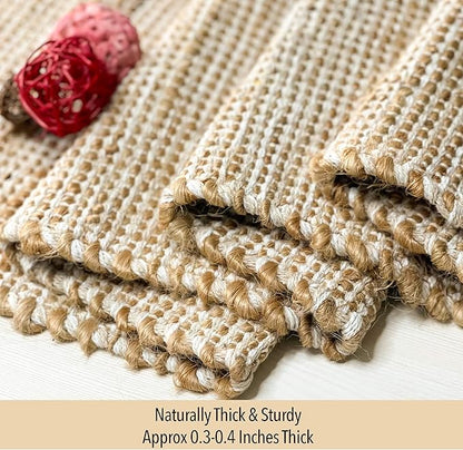 Chardin home Natural Jute Table Runner 13x48 Inch – Vintage Boho Rustic Table Decor – Handwoven Table Runner in Natural Jute and Ivory – Farmhouse Dining or Console Table Accent