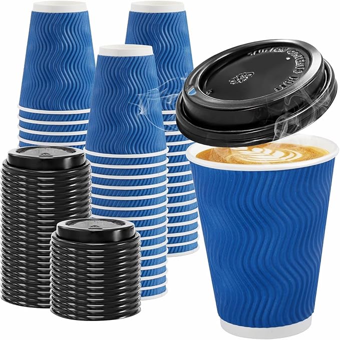 100 Pack Coffee Cups with Lids 12oz, Disposable Insulated Ripple Wall To Go Paper Coffee Cups for Hot/Cold Drinks Office Home Shop Event (Navy)