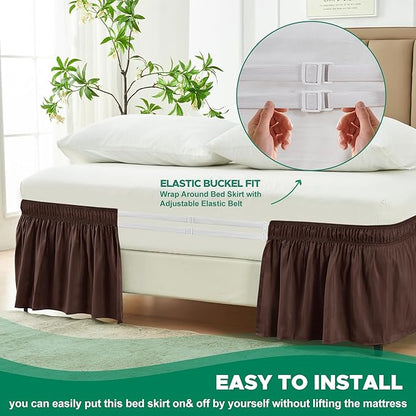 Biscaynebay Wrap Around Bed Skirts for Twin & Twin XL Beds Short Drop of 12", Brown Adjustable Elastic Dust Ruffles Easy Fit Wrinkle Resistant Silky Luxurious Fabric Machine Washable