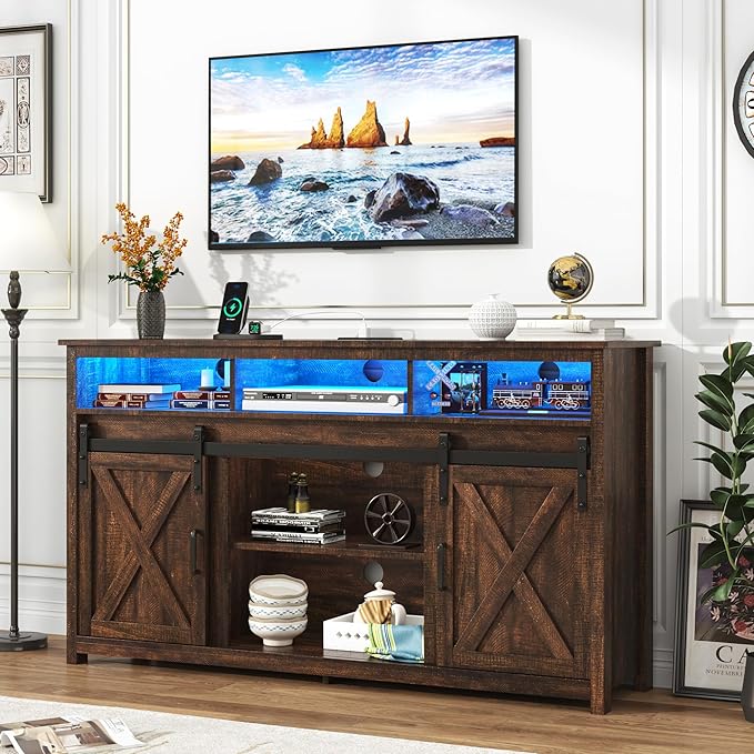 LED Farmhouse TV Stand for 65 inch TVs, Rustic Entertainment Center TV Cabinet