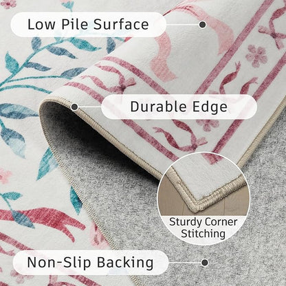 DCX Washable 9x12 Bow Rug, Pink Floral Rug for Girls’ Bedroom, Cute Soft Low Pile Indoor Décor Carpet, Kid & Pet Friendly Nursery Rug for Living Room, Dorm, Playroom