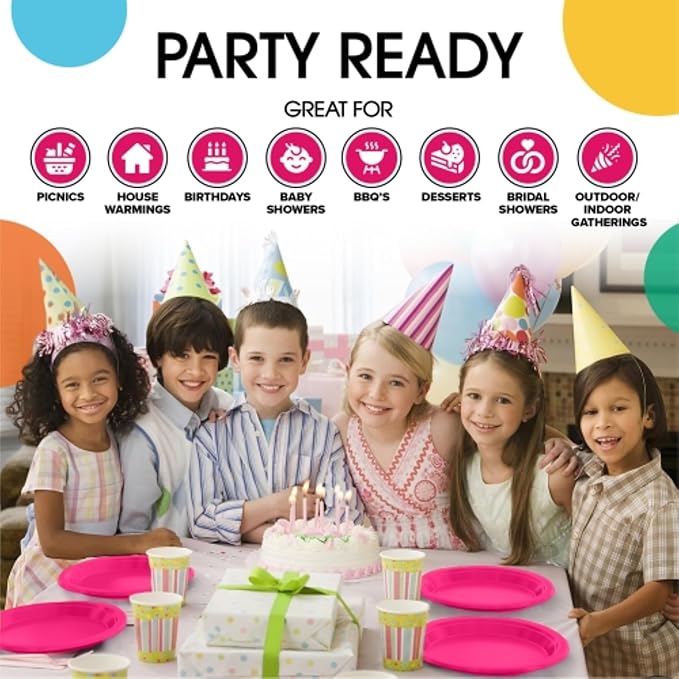 Exquisite Party Solids Hot Pink Plastic Plates For Party Supplies 9" Hot Pink Disposable Plates Heavy Duty 50 Pcs Plastic Dinnerware Sets Heavy Duty 350 GSM Disposable Dinnerware Set