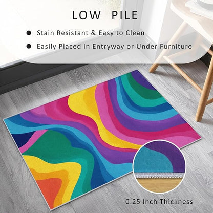 Rainbow Abstract Rugs 6x8, Colorful Retro 70s Washable 6 x 8 Area Rug for Living Room, Bedroom, Low Pile Non Slip Stain Resistant Carpet, Abstract Home Decor Accessories & M889
