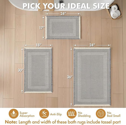 MIULEE Set of 2 Waffle Bathroom Rugs, Boho Bath Rug Super Absorbent, Non Slip Washable Ultra Soft Rubber Backed Shower Bath Mats for Floor, Tub, Looped Design, Lightgrey & Cream, 17"x24"+18"x30"