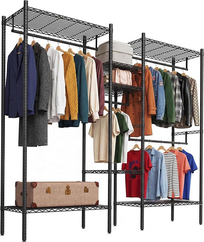 IDEALHOUSE Heavy Duty Clothes Rack for Hanging Clothes, Load 1000LBS Portable Closet Wardrobe with Shelves, Freestanding Adjustable Garment Rack for Bedroom, Walk-in Closet, 86.2"x 17.3"x 76.4", Black