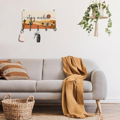 Stay While Sign Key Holder for Wall 10"x5.12", Inspirational Family Sign Key Hanger Wall Mount, Boho Western Landscape Wooden Hanging Keys Holder Decor for Entryway Front Door（5 Hooks）